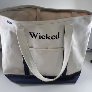 Large Lands End White/Navy Canvas Tote
